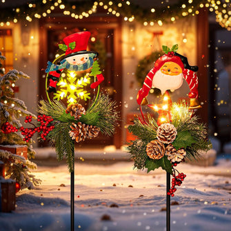 Outdoor Christmas Decorations Solar Christmas Lights with Snowman & Santa, Pine Cones Woman Gift for Garden, Yard, Patio